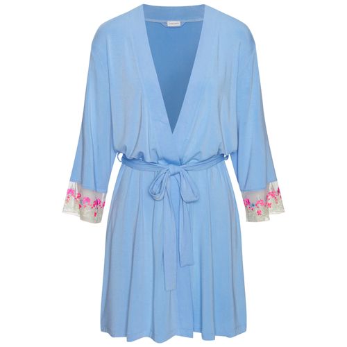 Kimono LASCANA, Damen, Gr. 36/38, blau (hellblau), Viskose, unifarben, Kurzform, Hausmäntel, mit schönen Spitzeneinsätzen