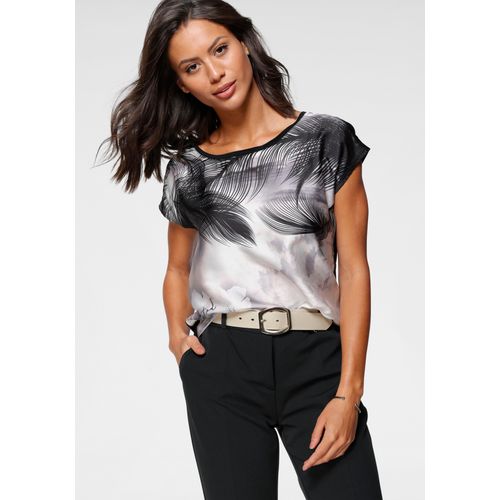 Shirtbluse LAURA SCOTT, Damen, Gr. 42, schwarz (beige, schwarz, bedruckt (shirt aus nachhaltigem material)), Web, Single Jersey, Obermaterial: 100% Polyester. Rückenteil: 95% Viskose, 5% Elasthan, feminin, figurumspielend hüftbedeckend, Rundhals, Kurzarm angeschnitten abgesteppt, Blusen, in modischem Materialmix, Topseller