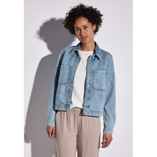 Jeansjacke STREET ONE, Damen, Gr. 46, blau (light blau authentic wash), Jeans, 100% Baumwolle, unifarben, casual, normal normal, V-Ausschnitt, Langarm Manschette, Jacken, mit Knopfleiste