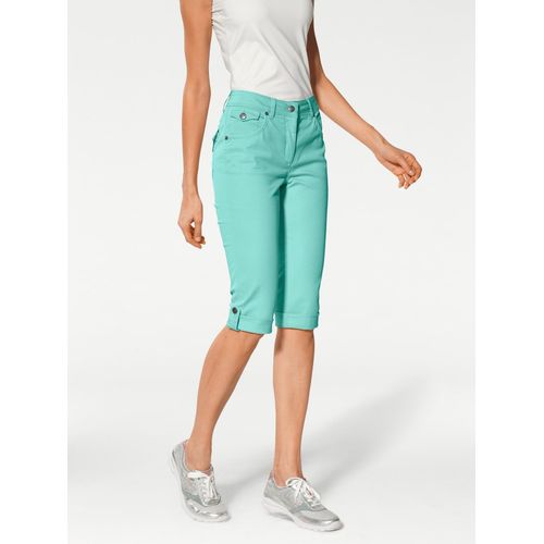 Caprijeans HEINE, Damen, Gr. 42, Normalgrößen, blau (türkis), 97% Baumwolle, 3% Elasthan, Miedereinsatz:15% Elasthan, 85% Polyamid, unifarben, knielang, Jeans