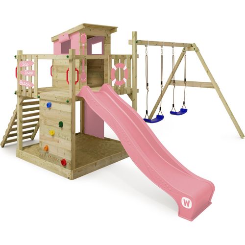 WICKEY Spielturm Klettergerüst Smart Camp mit Schaukel & Rutsche, Baumhaus mit Sandkasten, Kletterleiter & Spiel-Zubehör – pastellpink