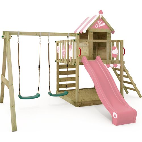 WICKEY Spielturm Klettergerüst Smart Candy mit Schaukel & Rutsche, Baumhaus mit Sandkasten, Kletterleiter & Spiel-Zubehör – pastellpink
