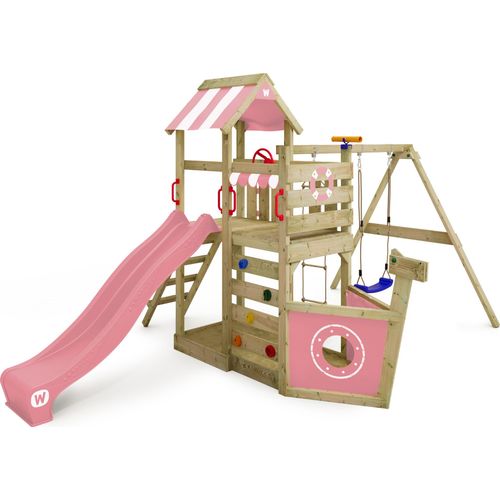 WICKEY Spielturm Klettergerüst SeaFlyer mit Schaukel & Rutsche, Baumhaus mit Sandkasten, Kletterleiter & Spiel-Zubehör – pastellpink