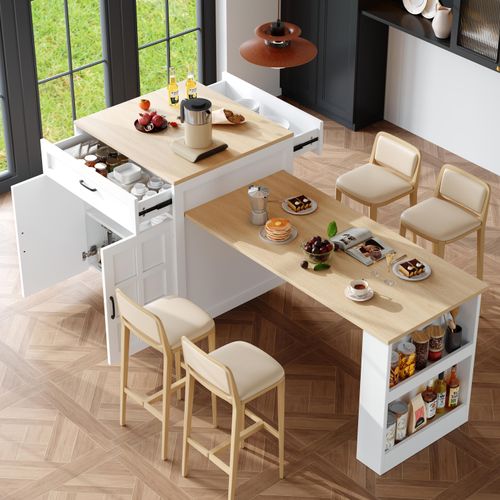 Flieks ausziehbarer Esstisch Bartisch, Küchentisch mit 2 Schubladen und 4 Fächern, Esszimmertisch mit Stauraum, multifunktionale Kücheninsel, Weiß