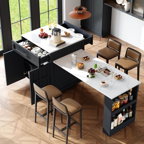 Flieks ausziehbarer Esstisch Bartisch, Küchentisch mit 2 Schubladen und 4 Fächern, Esszimmertisch mit Stauraum, multifunktionale Kücheninsel, Schwarz