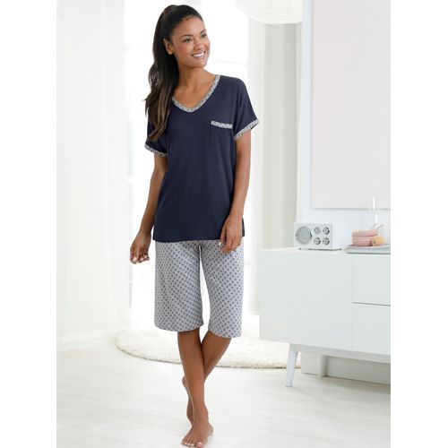 Schlafanzug WÄSCHEPUR, Damen, Gr. 40/42, grau (marine, grau, meliert), 50% Baumwolle, 50% Modal, Kurzarm, Homewear-Sets