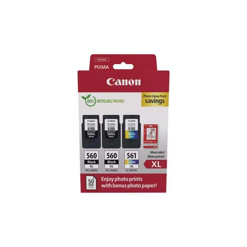 3er Original Multipack Set für Canon 3712C012 / PG-560XL CL-561XL Pixma TS 5351 Series Druckerpatronen mit 50 Blatt Fotopapier Image
