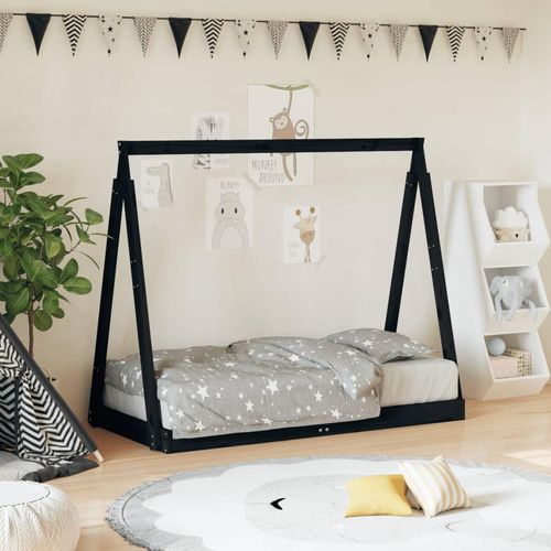 Kinderbett Massivholz Kiefer | Farbe: Schwarz | Größe: 70 x 140 cm