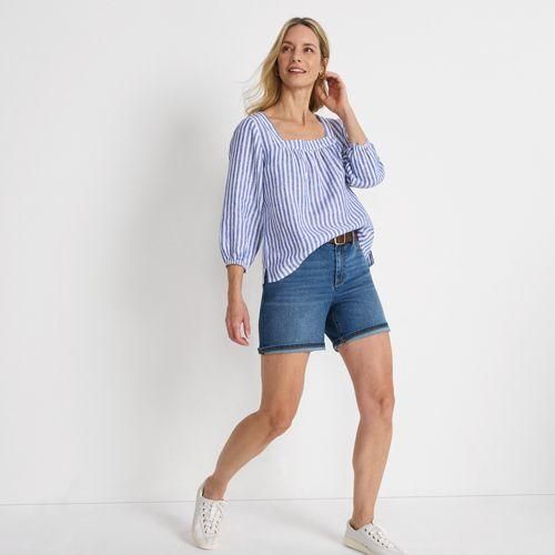 Leinen-Bauernbluse mit 3/4-Ärmeln, Damen,  Blau, Leinen, by Lands' End