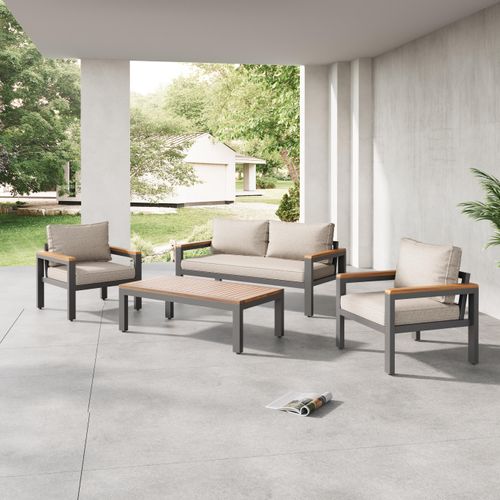 Gartenlounge-Set mit Rahmen aus verzinktem Stahl, Akazienholz Tischplatte und Armlehnen, beige