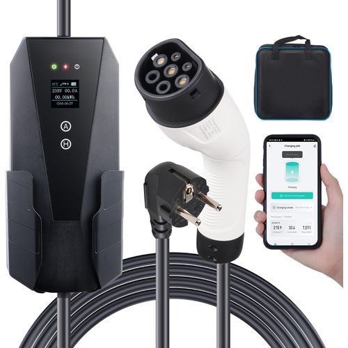 SucceBuy Portable EV Ladegerät Typ 2, 16A 3.7kW, Elektrofahrzeug Autoladegerät 28 ft Kabel CEE 7/7 Stecker LCD Bildschirm, IEC 62196 Home Ladestation, IP66