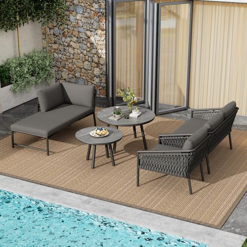 Gartenlounge-Set aus Seil, 2 Doppelsofas, 1 Einzelsofa, 2 Tische, inklusive aller Sitz- und Rückenkissen, grau