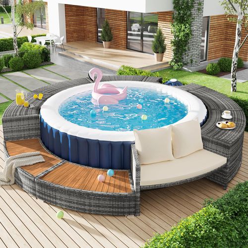 Gartenlounge-Set mit runder Couch, ideal für Whirlpool und Pool, inklusive Kissen und Stauraum