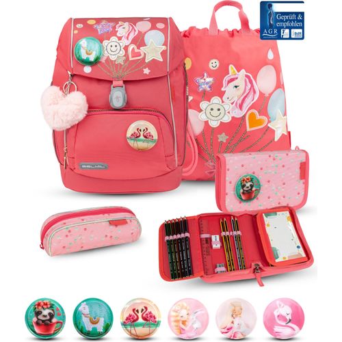 Belmil Premium ergonomischer Schulranzen Set 6 -teilig für Mädchen Für kleine Kinder, Erstklässler mit Patch Set/Brustgurt, Hüftgurt/Magnetverschluss/Rosa (405-73/P/S Rose Quartz)