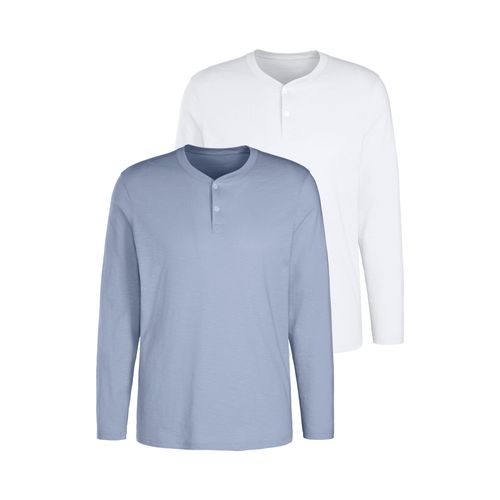 Langarmshirt H.I.S, Herren, Gr. M (48/50), blau (hellblau, weiß), Obermaterial: 100% Baumwolle, unifarben, casual, regular fit normal, Rundhals, Langarm abgesteppte Kante, Shirts, Shirt mit Knopfleiste aus aus strukturierter Baumwoll-Qualität