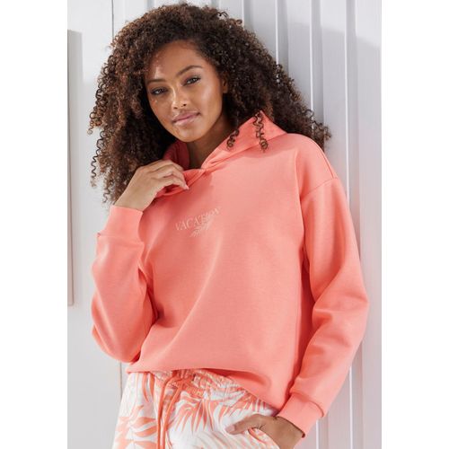 Hoodie LASCANA, Damen, Gr. 32/34, orange (pfirsich), Sweatware, Obermaterial: 60% Baumwolle, 40% Polyester, unifarben, bedruckt, feminin, lässig geschnitten normal, Rundhals, Langarm Rippbündchen, Sweatshirts, Kapuzensweatshirt, Loungeshirt mit Frontprint, Loungewear
