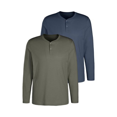 Langarmshirt H.I.S, Herren, Gr. M (48/50), grün (khaki, blau), Obermaterial: 100% Baumwolle, unifarben, casual, regular fit normal, Rundhals, Langarm abgesteppte Kante, Shirts, Shirt mit Knopfleiste aus aus strukturierter Baumwoll-Qualität