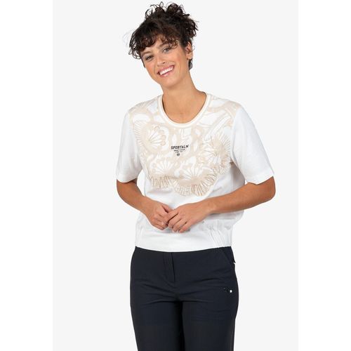 Rundhalsshirt SPORTALM KITZBÜHEL, Damen, Gr. 36, weiß (weiß ecru), Single Jersey, Obermaterial: 100% Baumwolle, bestickt, mehrfarbig, gemustert, modisch, gerade, Rundhals, Kurzarm Aufschlag, Shirts, mit Pailletten