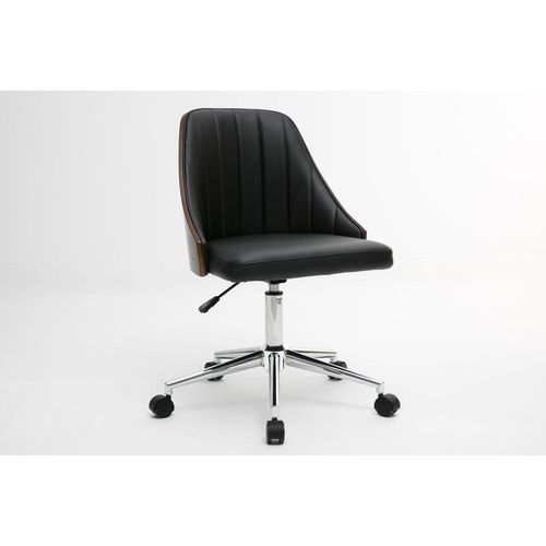 Bürostuhl mit Walnussholz-Rückenlehne und schwarzem PU-Leder, höhenverstellbar, 360° drehbar, ca. 52 x 52 x 80–92 cm – Schwarz, Walnuss