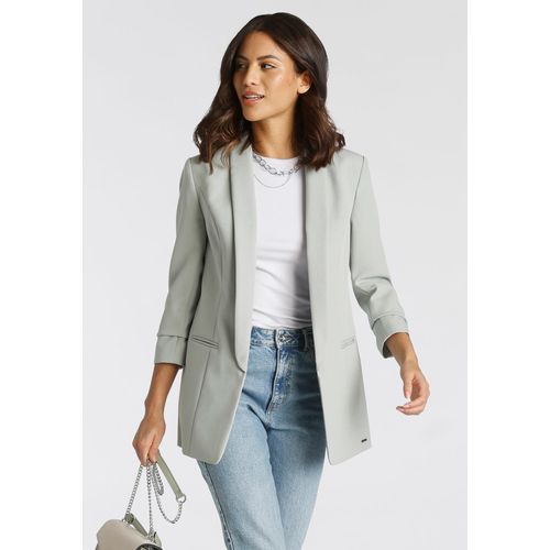 Longblazer LAURA SCOTT, Damen, Gr. 34, grün (mint), Web, Obermaterial: 90% Polyester, 10% Elasthan. Futter: 100% Polyester, feminin, figurbetont hüftbedeckend, 3/4-Ärmel, Blazer, mit gerafften Ärmeln