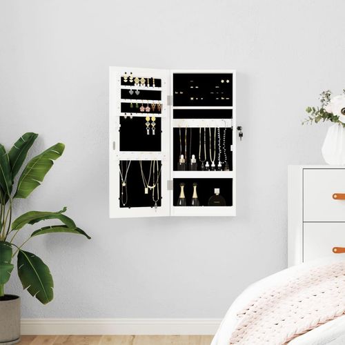 Schmuckschrank Mit Spiegel Wandmontage 30X8,5X67 Cm | Farbe: Weiß