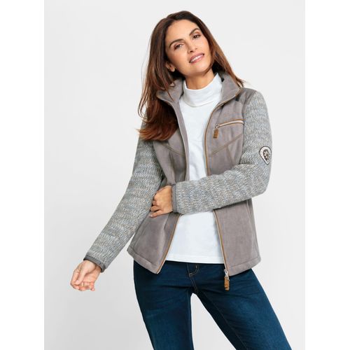 Fleecejacke INSPIRATIONEN, Damen, Gr. 52, grau (taupe, ecru, meliert), 100% Polyester, Futter:60% Baumwolle, 40% Polyester, Ärmel:20% Wolle, 70% Polyacryl, 10% Polyamid, meliert, Langarm, Jacken