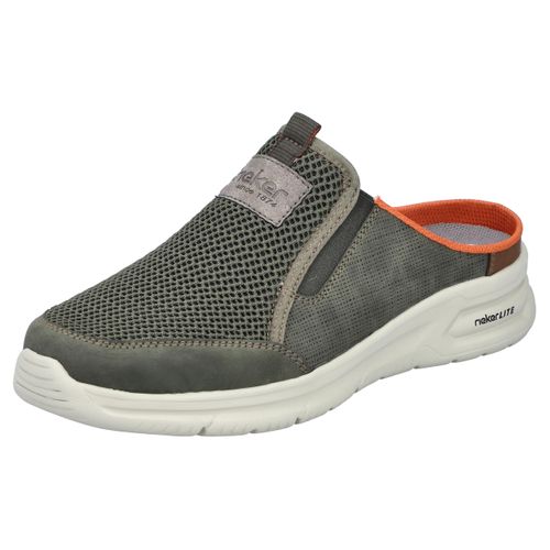Clog RIEKER, Herren, Gr. 40, grün (khaki), Lederimitat, Textil, kontrastfarbene Details, used, casual, Schuhe, Sommerschuh, Hausschuh, Schlupfschuh mit seitlichen Stretcheinsätzen