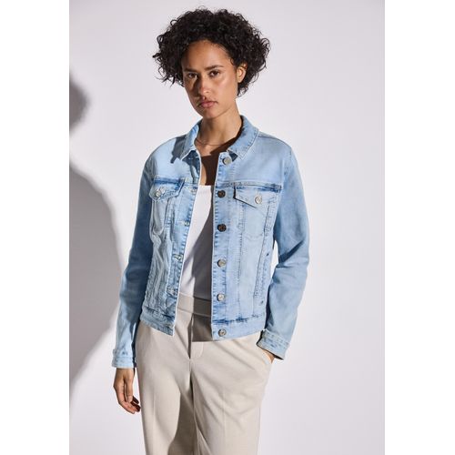 Jeansjacke STREET ONE, Damen, Gr. 40, ultra bleached wash, Denim/Jeans, Obermaterial: 63% Baumwolle, 25% Polyester, 10% Viskose, 2% Elasthan, unifarben, casual, tailliert hüftlang, Rundhals, Langarm, Jacken, im Bleached-Look