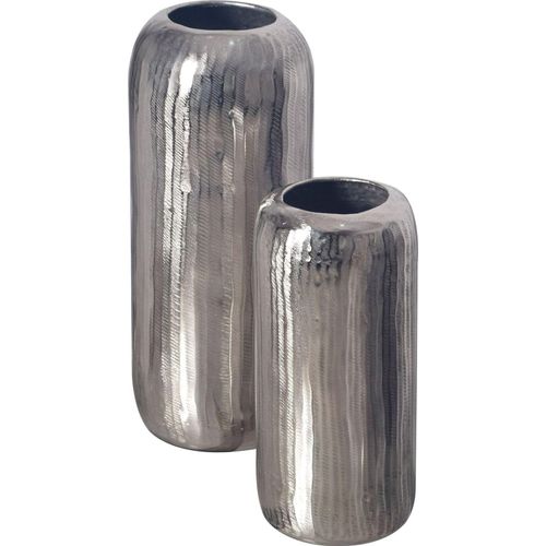 Manahee Design | Deko Vase 2er Set Gebürstetes Aluminium Silber Zylinder | Modern | Maße 16x40,5x16 cm & 14x30,5x14 cm