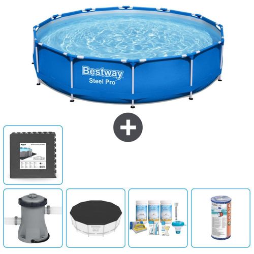 Bestway Round Steel Pro Swimmingpool – 366 x 76 cm – Blau – inklusive Pumpe Abdeckung - Wartungspaket - Filter - Bodenfliesen