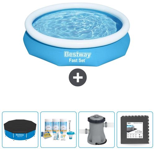 Bestway runder aufblasbarer Fast-Set-Pool – 305 x 66 cm – Blau – im Lieferumfang enthalten Abdeckung - Wartungspaket - Pumpe - Bodenfliesen