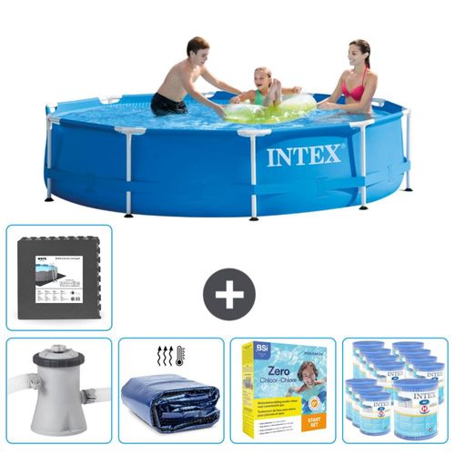 Intex Rundrahmen-Schwimmbecken – 305 x 76 cm – Blau – inklusive Pumpe Sonnensegel - Wartungspaket - Filter - Bodenfliesen