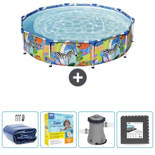 Bestway Round Steel Pro-Schwimmbecken – 305 x 66 cm – Dschungel-Druck – im Lieferumfang enthalten Sonnensegel - Wartungspaket - Pumpe - Bodenfliesen