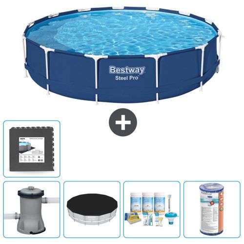 Bestway Round Steel Pro Swimmingpool – 396 x 84 cm – Blau – inklusive Pumpe Abdeckung - Wartungspaket - Filter - Bodenfliesen