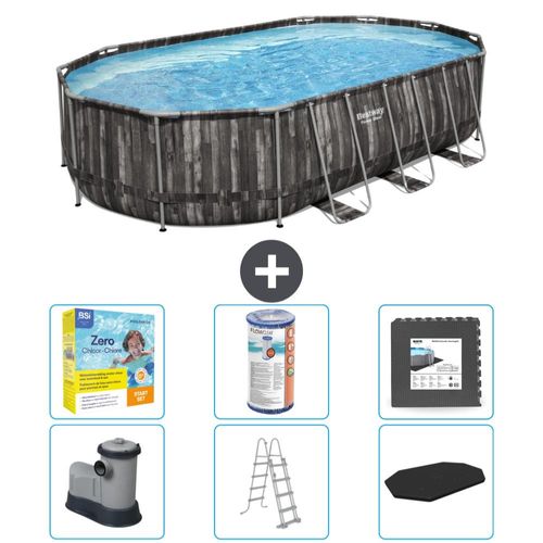 Bestway Oval Power Steel Swimmingpool – 610 x 366 x 122 – Grau – inklusive Pumpe – Leiter – Abdeckung Wartungspaket - Filter - Bodenfliesen