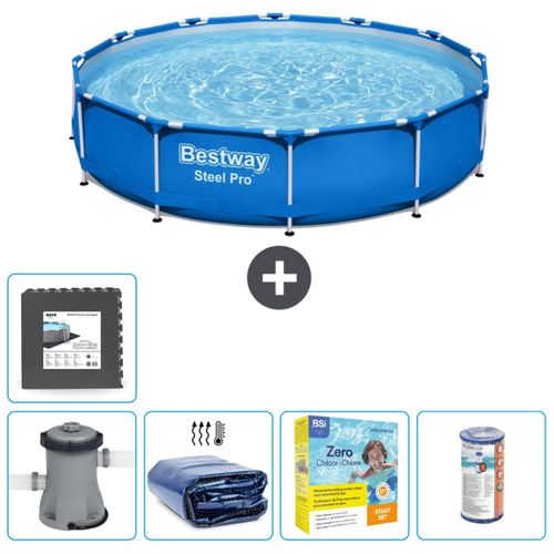 Bestway Round Steel Pro Swimmingpool – 366 x 76 cm – Blau – inklusive Pumpe Sonnensegel - Wartungspaket - Filter - Bodenfliesen