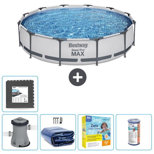 Bestway Round Steel Pro MAX Schwimmbad – 366 x 76 cm – Grau – inklusive Pumpe Sonnensegel - Wartungspaket - Filter - Bodenfliesen