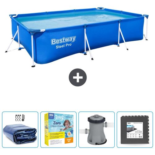 Bestway rechteckiger Steel Pro-Schwimmbecken – 300 x 201 x 66 cm – Blau – im Lieferumfang enthalten Sonnensegel - Wartungspaket - Pumpe - Bodenfliesen