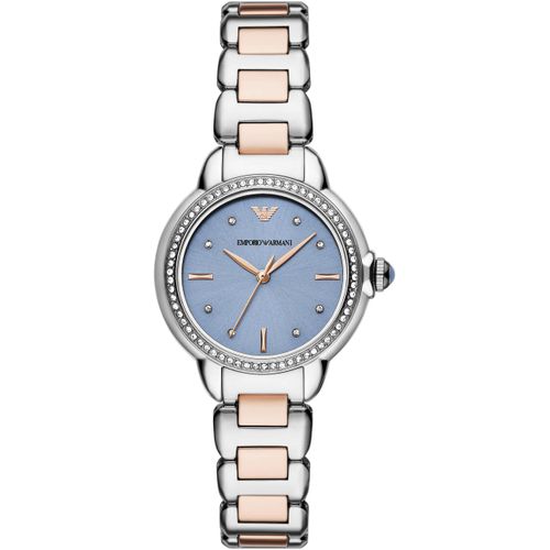 Quarzuhr EMPORIO ARMANI, silber (silberfarben, roségoldfarben, hellblau), Armbanduhren, Damen, Armbanduhr, Damenuhr, Perlmutt-Zifferblatt, Edelstahlarmband