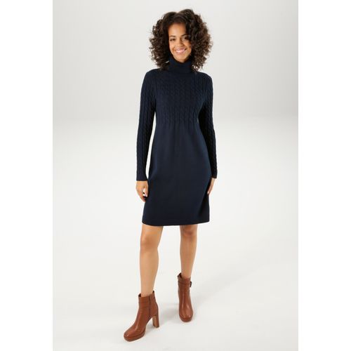 Strickkleid ANISTON CASUAL, Damen, Gr. 38, N-Gr, blau (marine), Feinstrick, Obermaterial: 50% Viskose, 28% Polyester, 22% Polyamid, unifarben, feminin, figurumspielend kniefrei, Langarm Rippstrickbündchen, Kleider, mit Zopfmuster im Oberteil und den langen Ärmeln
