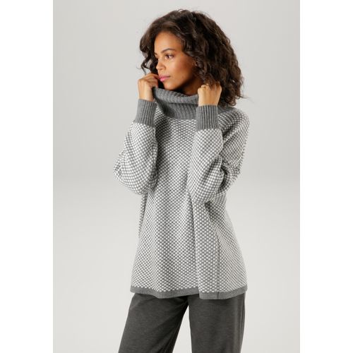 Strickpullover ANISTON CASUAL, Damen, Gr. 38, grau (grau, wollweiß), Strick, Obermaterial: 100% Polyacryl, kariert, gestreift, gemustert, Jacquardmuster, modisch, oversize hüftbedeckend, Langarm Rippstrickbündchen, Pullover, im Karo-Dessin mit Streifen-Optik
