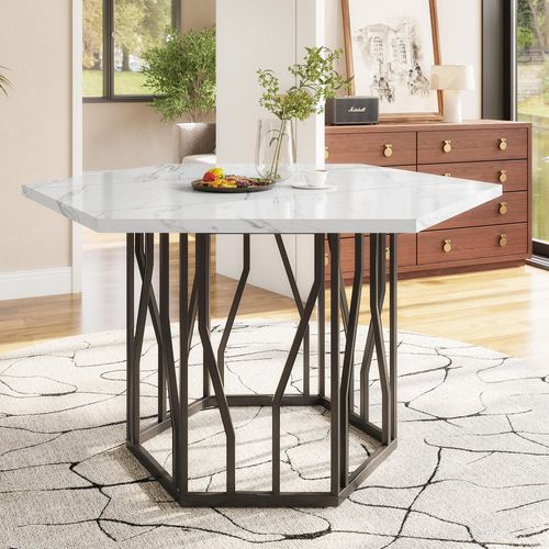 STILVORA Sechseckiger Marmor-Esstisch,Küchentisch Metallzweiggestell Couchtisch mit Metallhalterung