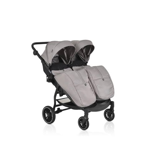 Moni Zwillingskinderwagen TwinGo Getränkehalter, Fußabdeckung, Hinterradbremse grau