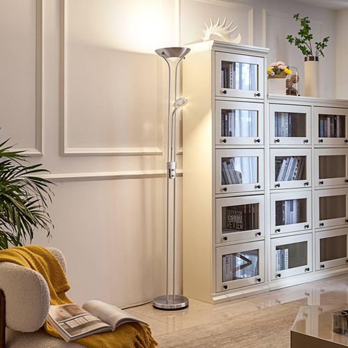 Lindby LED-Standleuchte Josefin, nickel, Leselicht, dimmbar