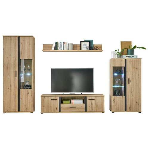 Mid.you Wohnwand , Schwarz, Eiche , Kunststoff , 12 Fächer , 1 Schubladen , Made in EU , Wohnzimmer, Wohnwände, Anbauwände