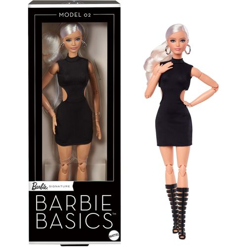 Barbie Puppe Barbie Basics Model 02 mit blondem Haar, schwarzem Kleid und Gladiator-Boots