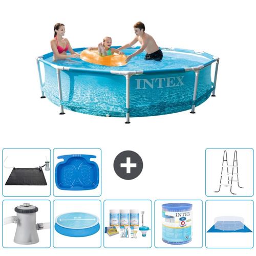 Intex Rundrahmen-Schwimmbecken – 305 x 76 cm – Wasserdruck – inklusive Pumpe Sonnensegel - Wartungspaket - Filter - Bodenplane - Solarmatte - Leiter
