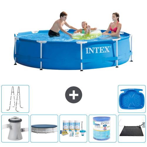 Intex Rundrahmen-Schwimmbecken – 305 x 76 cm – Blau – inklusive Pumpe Abdeckung - Wartungspaket - Filter - Solarmatte - Leiter - Fußbad