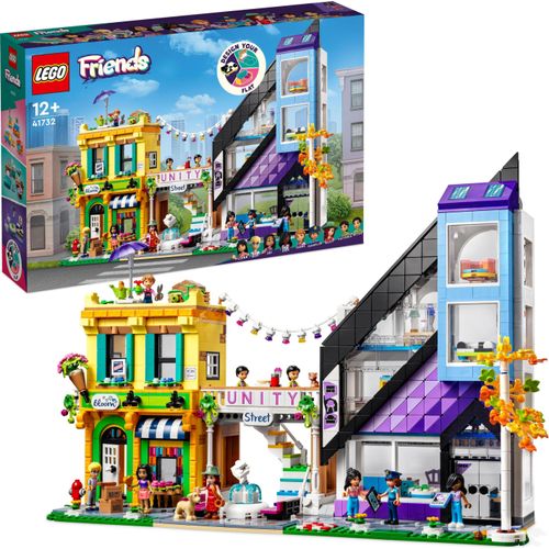 LEGO 41732 Friends Stadtzentrum, kreatives Modular Building Spielzeug für Mädchen und Jungen, Dekorieren & Ausstellen im Puppenhaus mit 9 Figuren, Wohnung und Geschäften, 2023 Charaktere