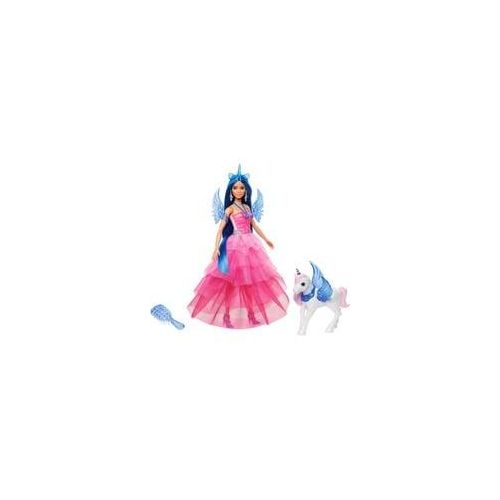 Barbie Saphire Puppe mit Einhorn mit blauen Haaren und pinkfarbenem Kleid